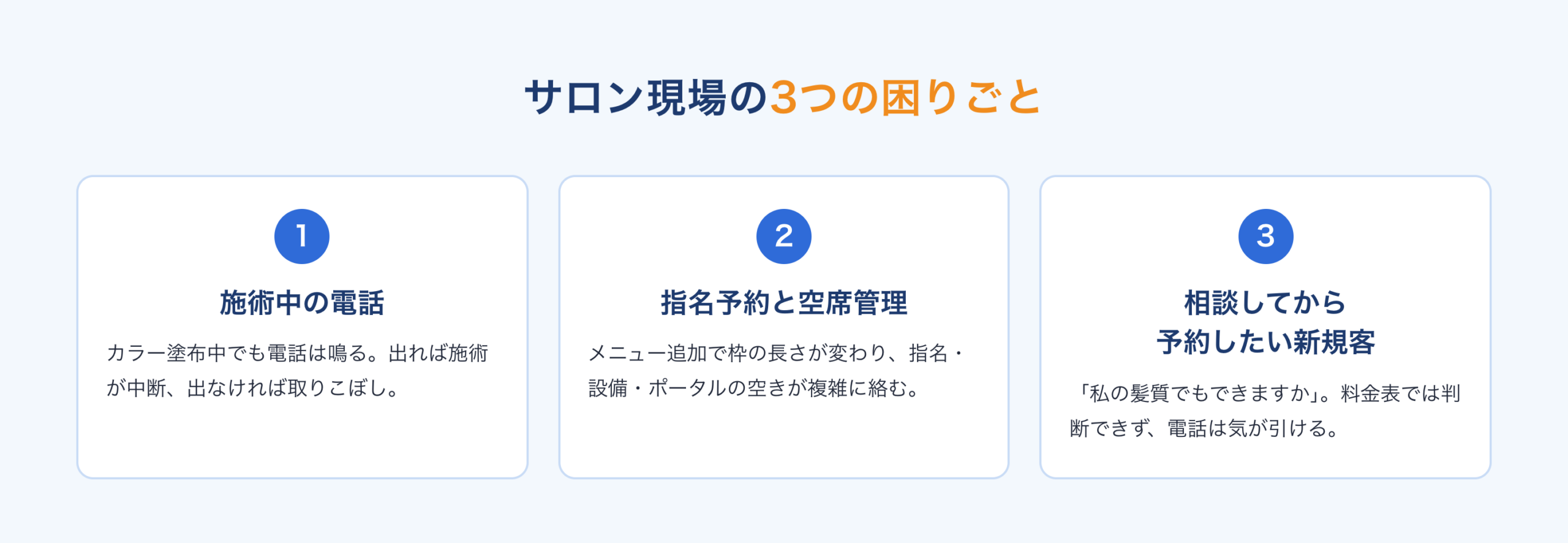 サロン現場の3つの困りごと：施術中の電話・指名予約と空席管理・相談してから予約したい新規客