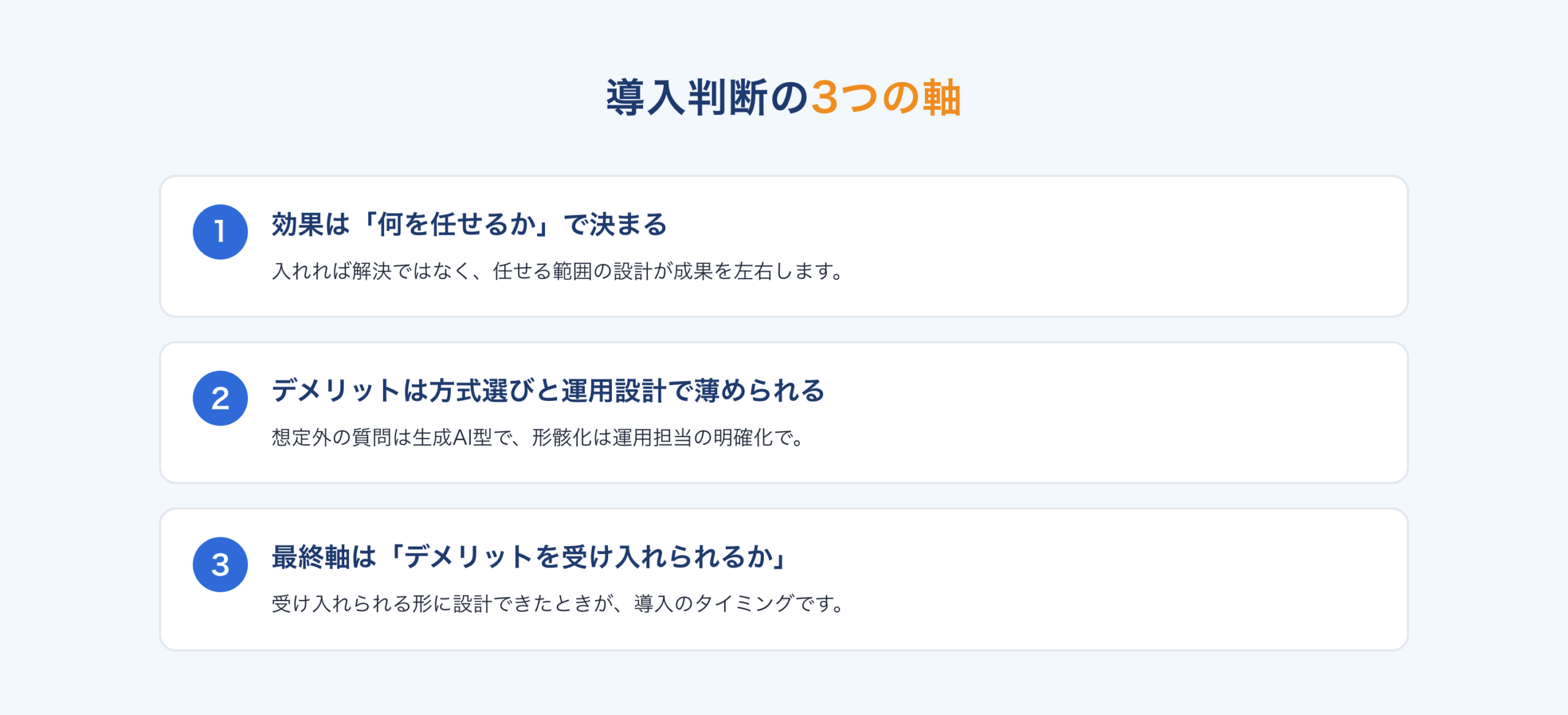 導入判断の3つの軸：何を任せるかで決まる、方式と運用で乗り越える、デメリットを受け入れられるか