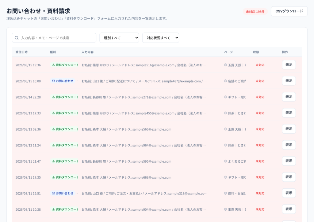 届いたお問い合わせと資料請求の一覧。どのページから送られたかも残ります。