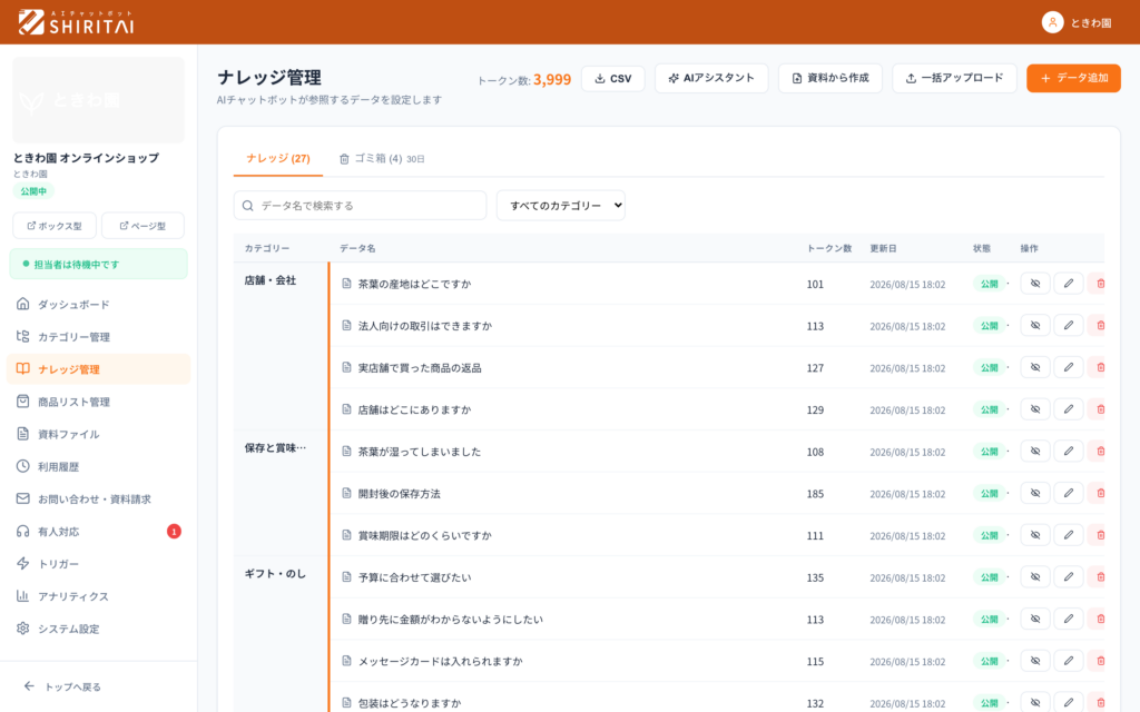 ナレッジ管理。仕分けられたナレッジがカテゴリーごとに並びます。