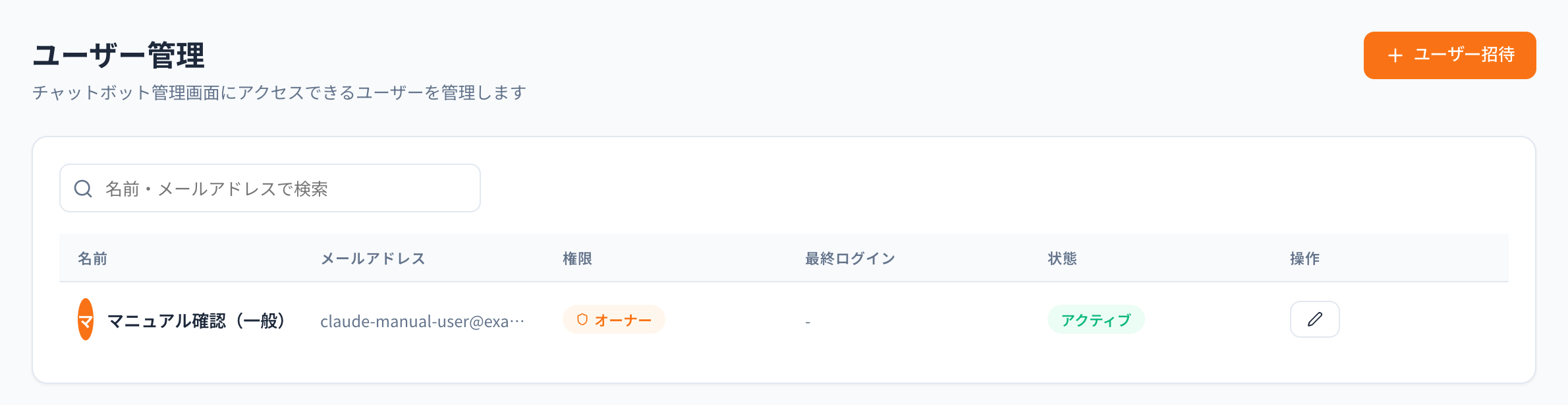 ユーザー管理。権限、最終ログイン、状態が一覧で並びます。