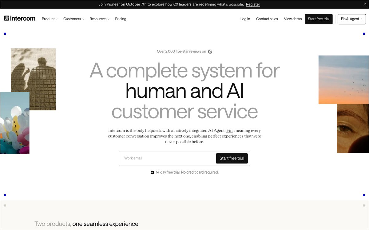 Intercomの公式サイトのファーストビュー